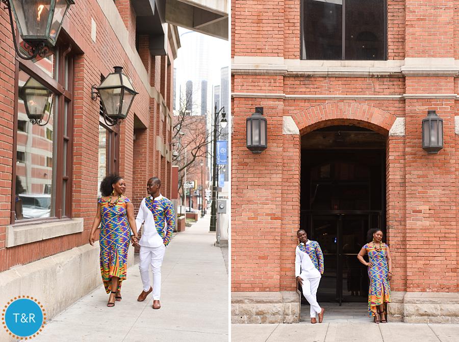 A couple poses in their African outfits before their multicultural Detroit wedding