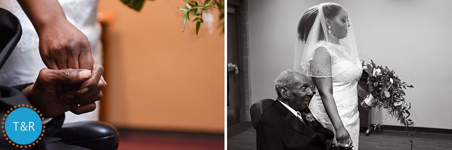 A bride holds her grandfather's hand as they begin to walk down the aisle for her Detroit wedding