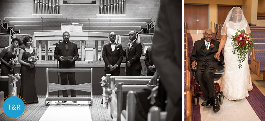 A groom waits while his bride walks down the aisle at Detroit's Tabernacle Missionary Baptist Church