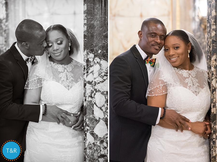 A couple embraces after their wedding inside Detroit's Fisher building
