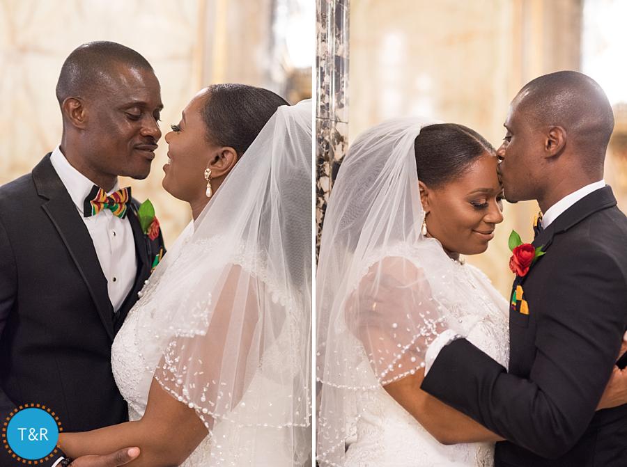 A couple embraces after their wedding inside Detroit's Fisher building