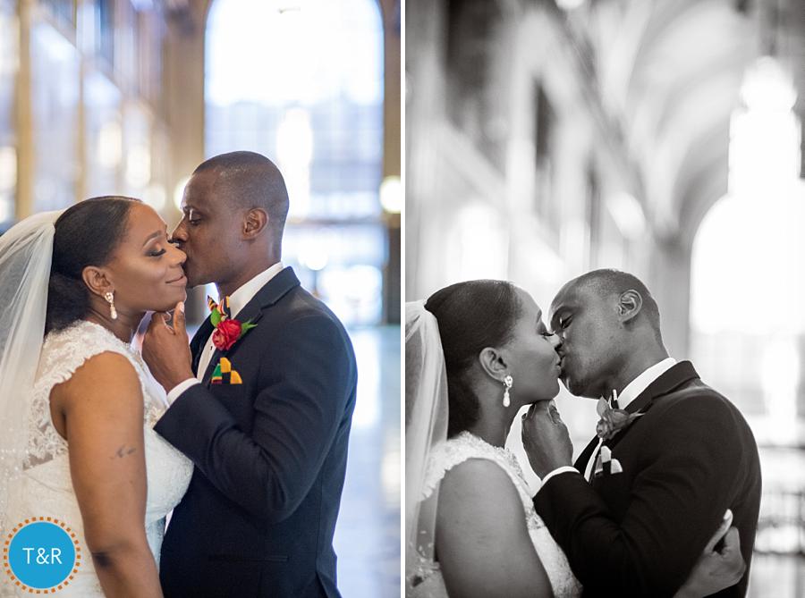A newly married couple kisses inside Detroit's Fisher building