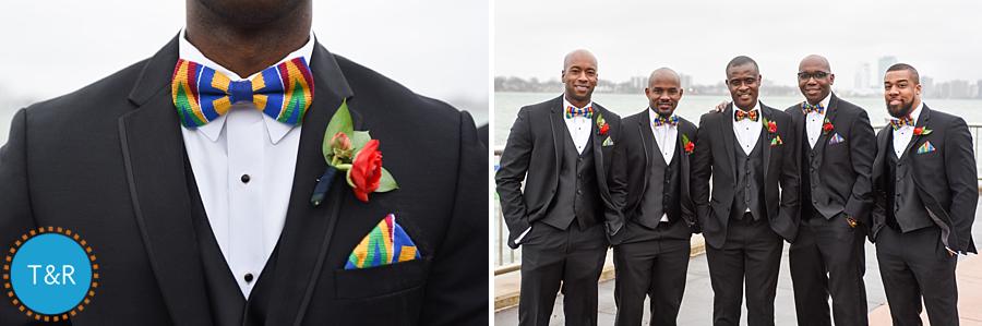 A newly married groom poses with his groomsmen on Detroit's riverwalk near the Rattlesnake Club