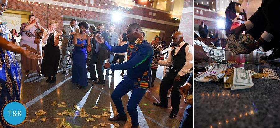 A groom dances during his multicultural Detroit wedding reception