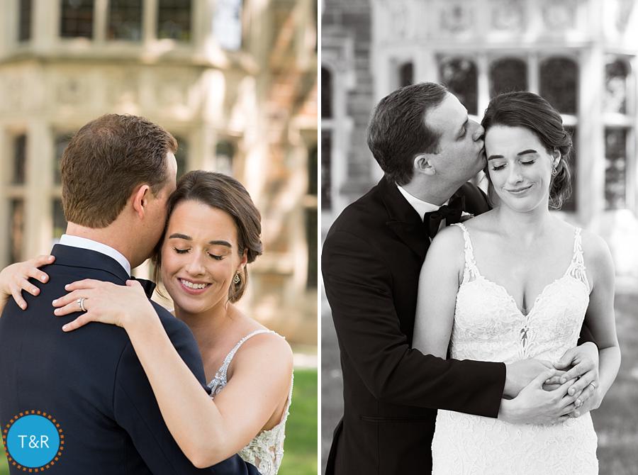 Loving embraces and kisses between the bride and groom