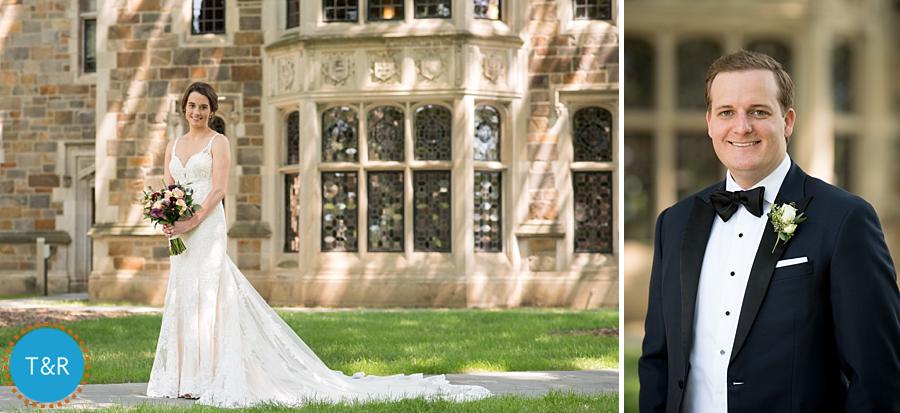 The bride and groom outside of the First Presbyterian Church of Ann Arbor