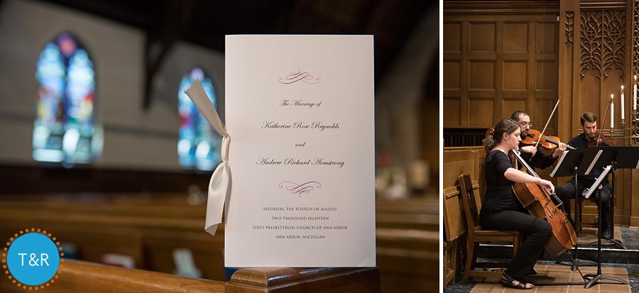 Detail shot of the invitations and musicians at the ceremony