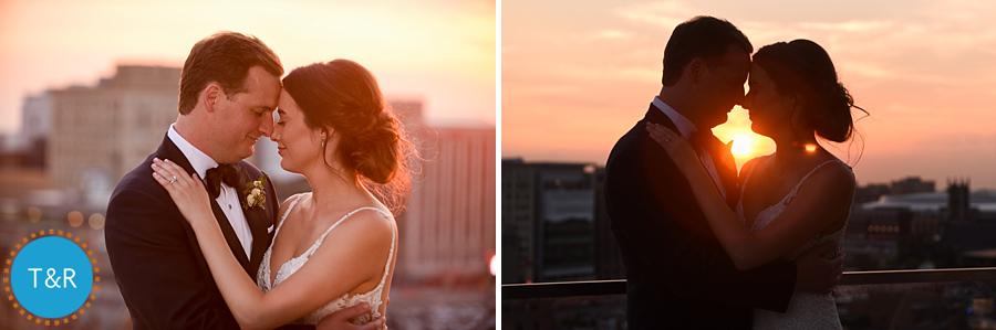 Bride and groom in the Detroit sunrise