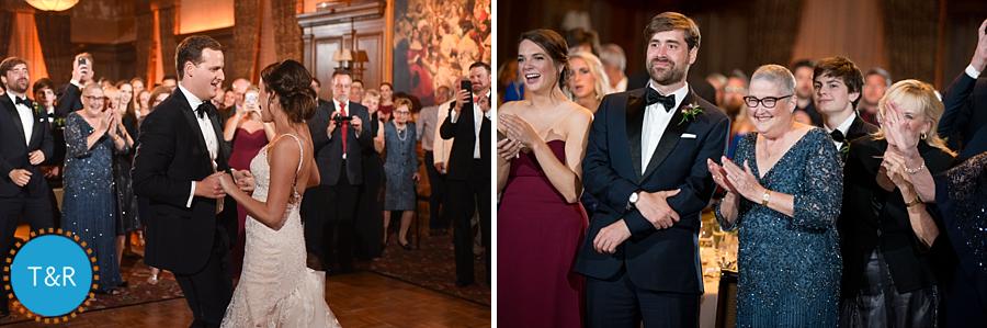 Wedding guests applauding for the bride and groom