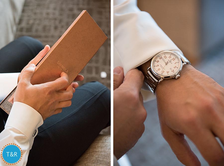 Shinola watch, wedding gift man's wristwatch from Shinola on his wrist, a wedding gift from his bride to be
