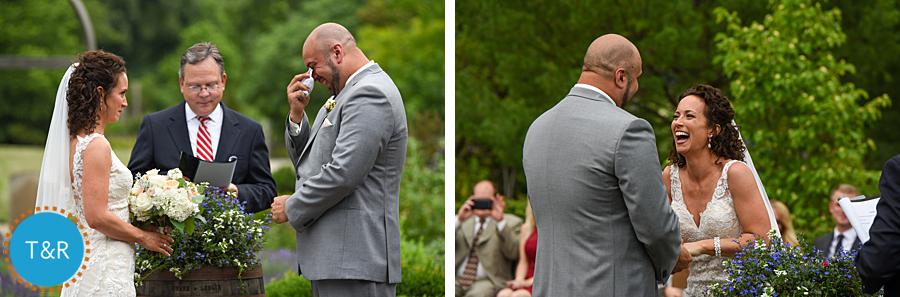 Bride and groom cry and laugh at their Matthaei Botanical Gardens wedding ceremony