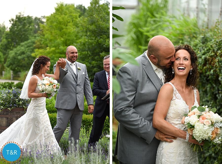 Bride and groom at their wedding ceremony at the Matthaei Botanical Gardens, surrounded by tropical foliage