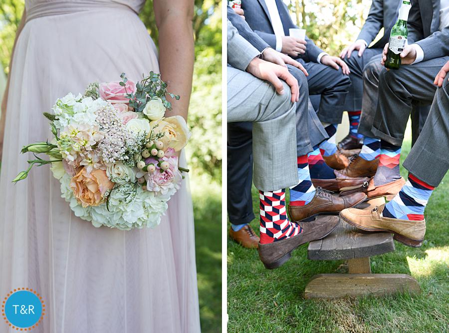 Wedding details including a floral bouquet and groomsmen socks from at Frutig Farms The Valley in Ann Arbor, MI