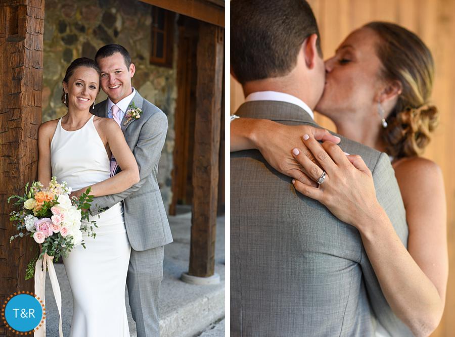 Bride and groom embrace at their wedding reception at Frutig Farms The Valley