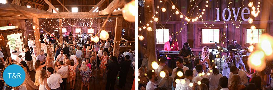 Guests dance and mingle at the wedding reception as a band plays music at Frutig Farms The Valley