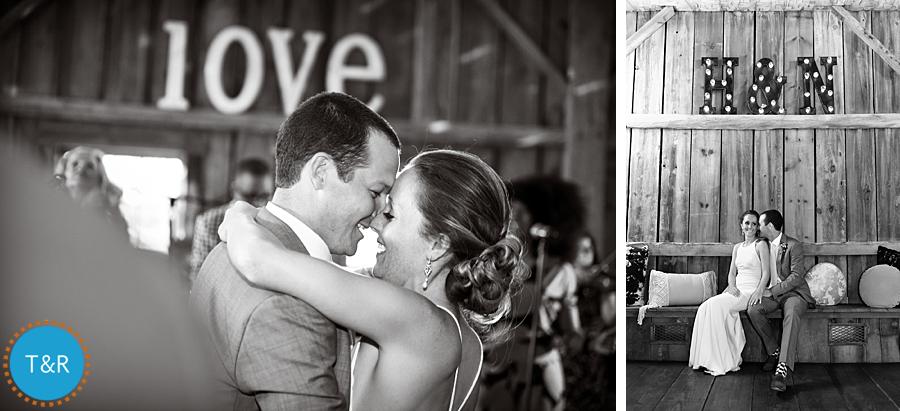 Bride and groom dance and embrace at their wedding reception at Frutig Farms The Valley