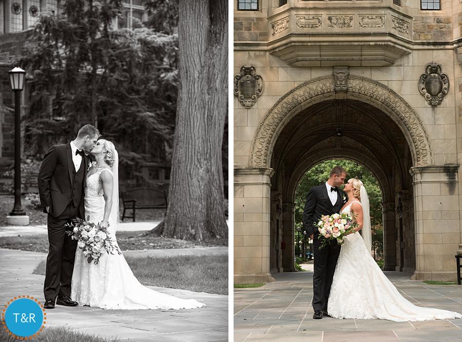 Bride and groom embrace during wedding photos at the Law Quad in Ann Arbor