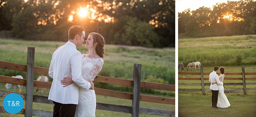 Bride and groom embrace at sunset at Frutig Farms Misty Farm during their Ann Arbor wedding reception