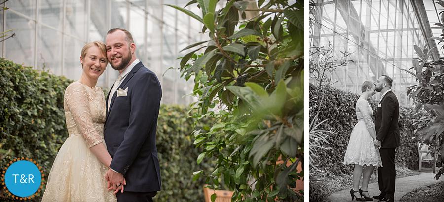 Bride and groom smile and kiss before their Matthaei Botanical Gardens intimate wedding 